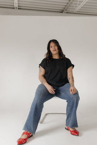 Crew Neck Thermal Dolman Tee with Front Pocket – Black - Love Marlow