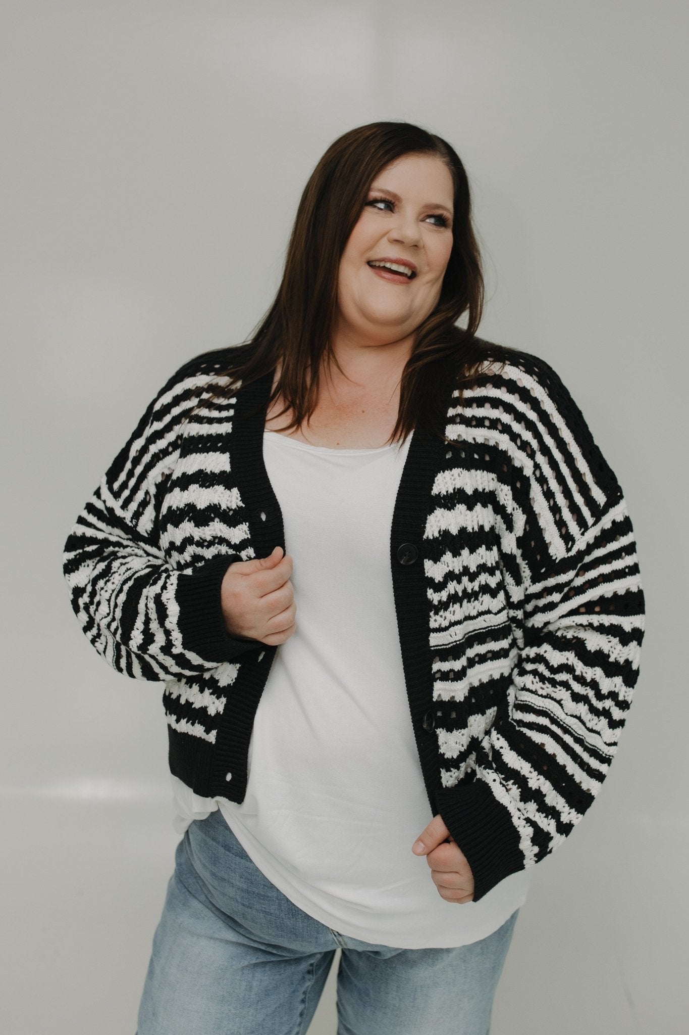CROCHET BUTTON - UP CARDIGAN WITH RETRO STRIPES - Love Marlow