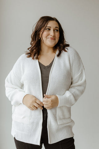 CROCHET KNIT OPEN FRONT CARDIGAN WITH POCKETS IN OFF - WHITE - Love Marlow