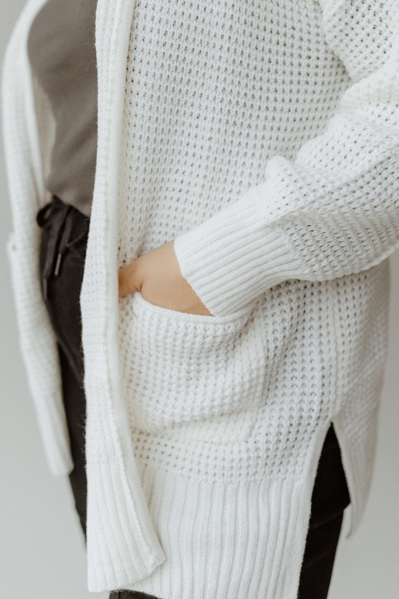 CROCHET KNIT OPEN FRONT CARDIGAN WITH POCKETS IN OFF - WHITE - Love Marlow