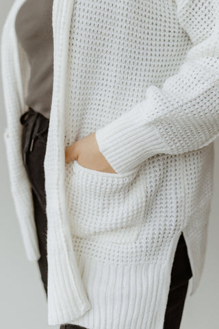 CROCHET KNIT OPEN FRONT CARDIGAN WITH POCKETS IN OFF - WHITE - Love Marlow