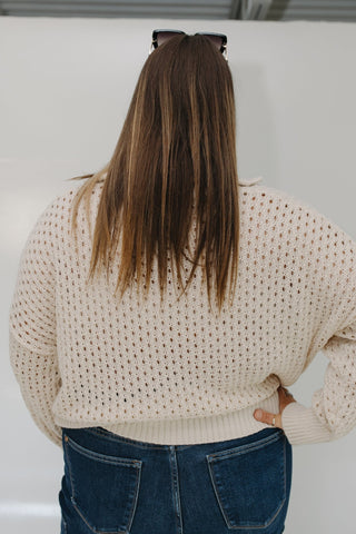 CROCHET OPEN WEAVE LONG - SLEEVE ZIP PULLOVER - Love Marlow