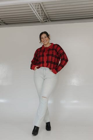 CROPPED KNIT PLAID JACKET IN RED - Love Marlow