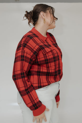 CROPPED KNIT PLAID JACKET IN RED - Love Marlow