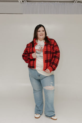 CROPPED KNIT PLAID JACKET IN RED - Love Marlow