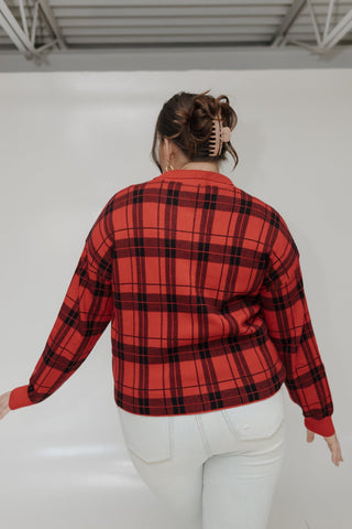 CROPPED KNIT PLAID JACKET IN RED - Love Marlow