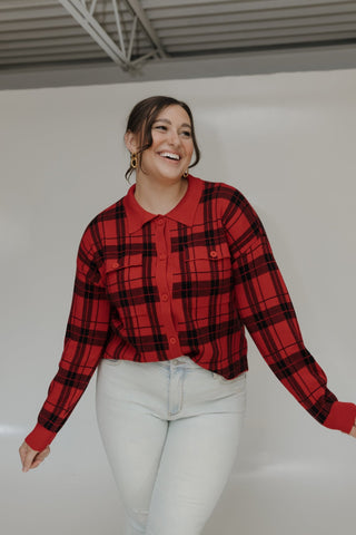 CROPPED KNIT PLAID JACKET IN RED - Love Marlow