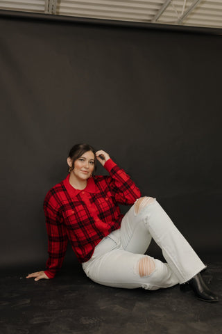 CROPPED KNIT PLAID JACKET IN RED - Love Marlow