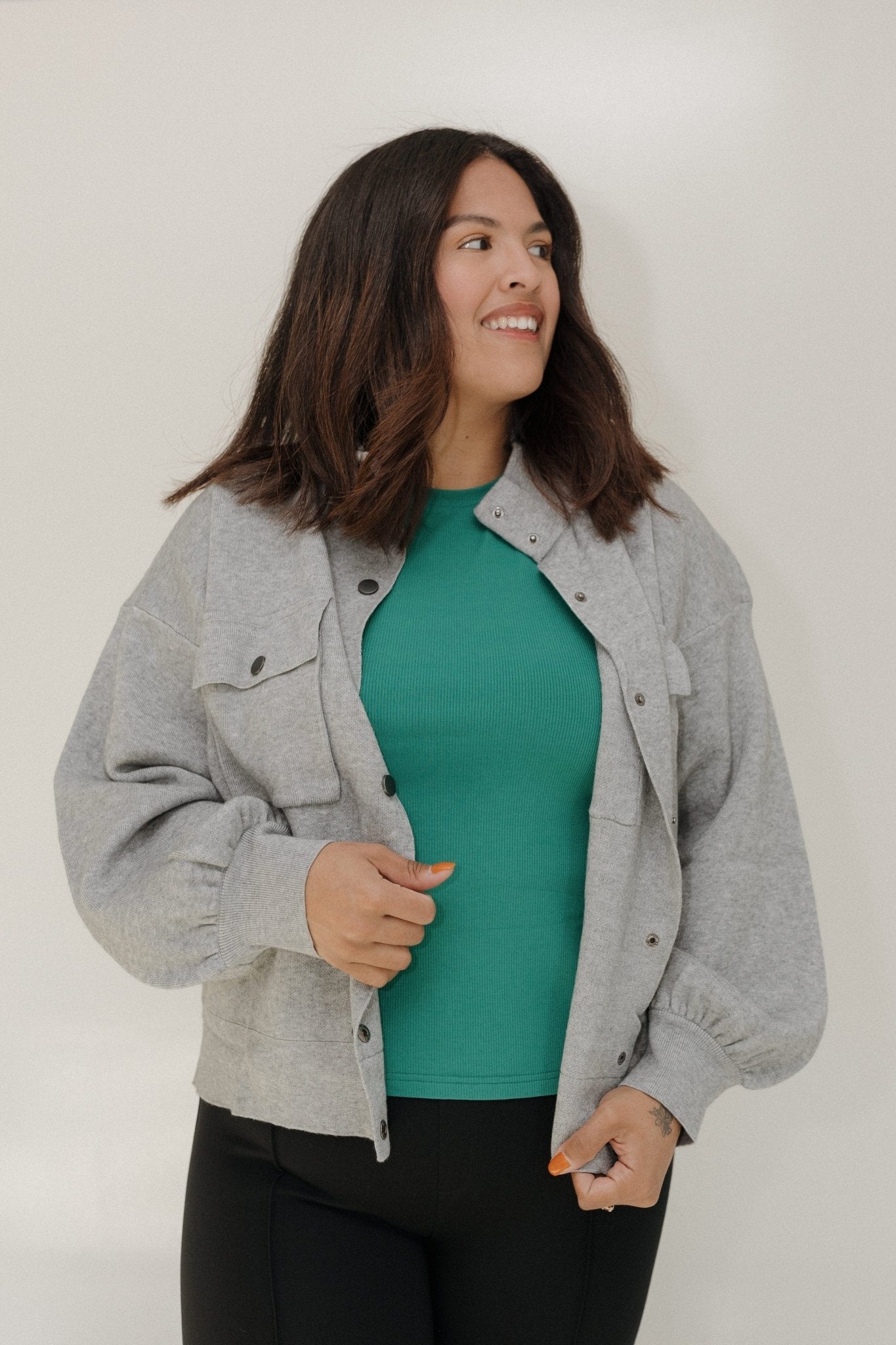 CROPPED KNIT PUFF SLEEVE JACKET IN GREY - Love Marlow