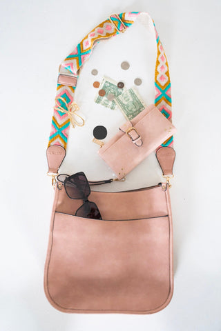 CROSSBODY DIAMOND PATTERN GUITAR STRAP SATCHEL IN DUSTY PINK - Love Marlow