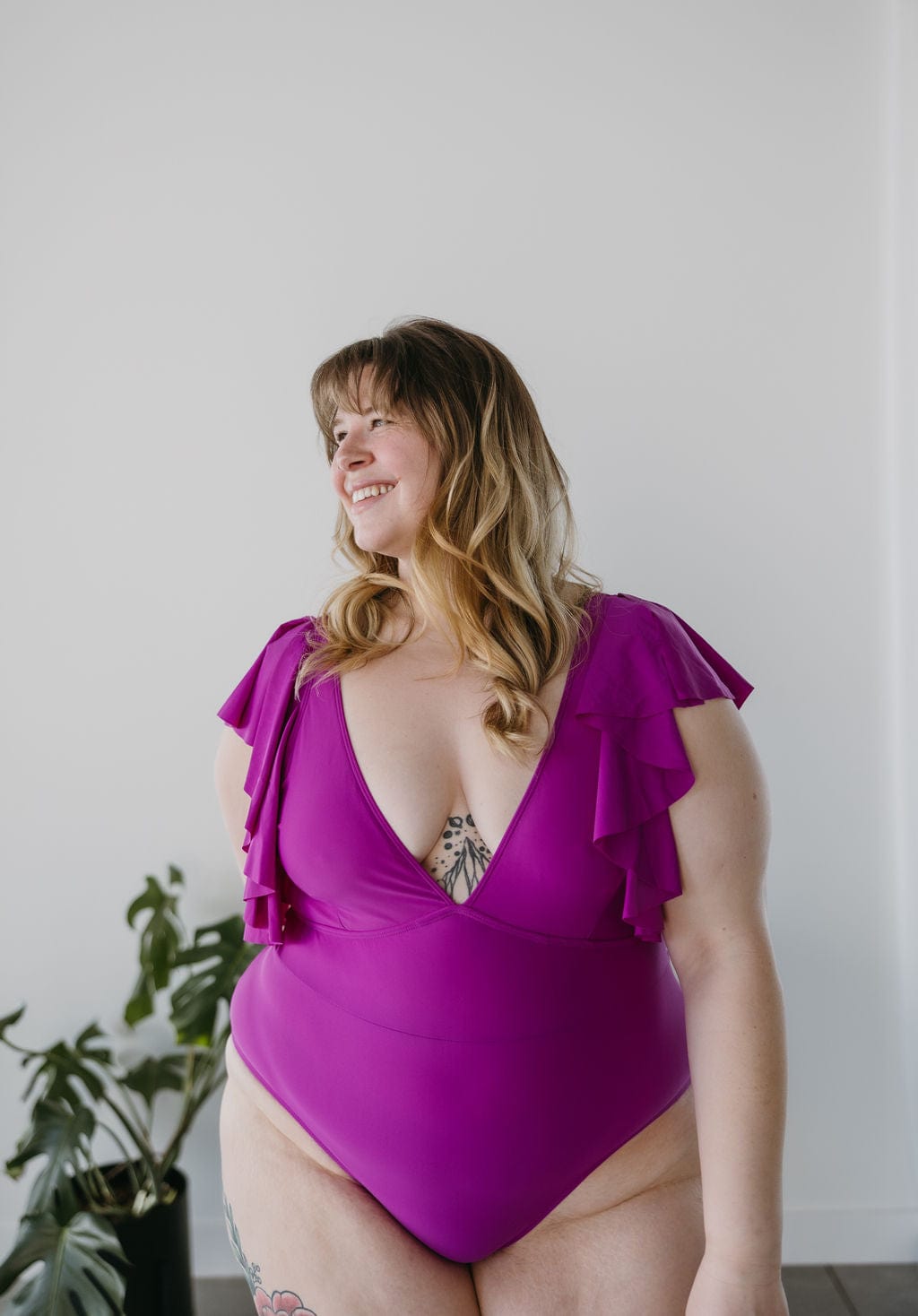 DEEP V - NECK FLUTTER SLEEVE SWIMSUIT IN ORCHID - Love Marlow