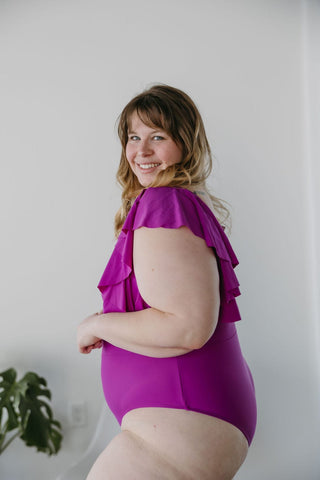 DEEP V - NECK FLUTTER SLEEVE SWIMSUIT IN ORCHID - Love Marlow