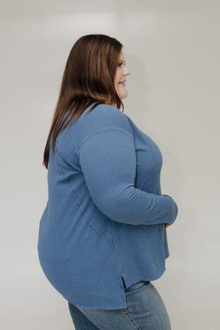 DENIM BLUE RIBBED RAGLAN SLEEVE V - NECK LONG SLEEVE KNIT TEE - Love Marlow