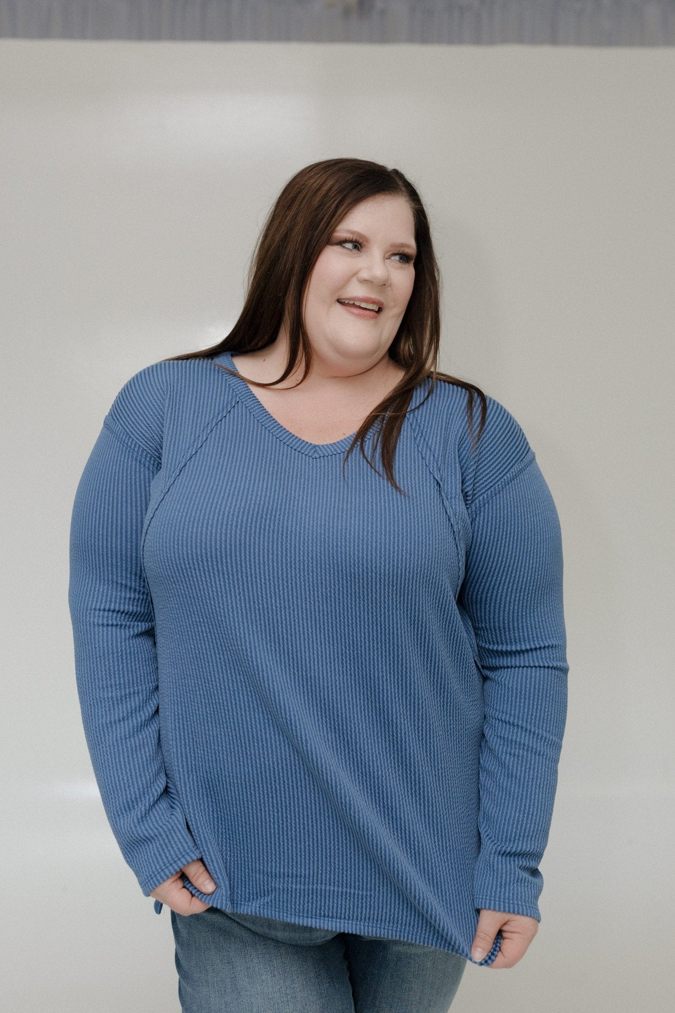 DENIM BLUE RIBBED RAGLAN SLEEVE V - NECK LONG SLEEVE KNIT TEE - Love Marlow