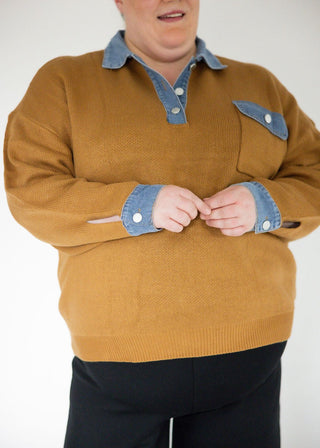 Denim Collar Textured Knit Pullover Top – Taupe - Love MarlowSweaters