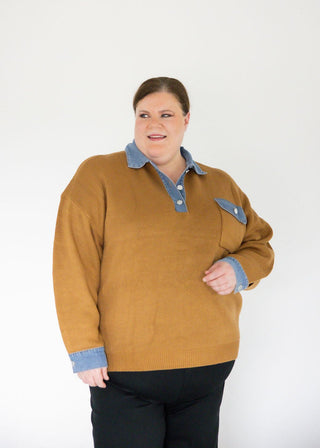 Denim Collar Textured Knit Pullover Top – Taupe - Love MarlowSweaters