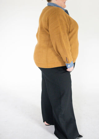 Denim Collar Textured Knit Pullover Top – Taupe - Love MarlowSweaters