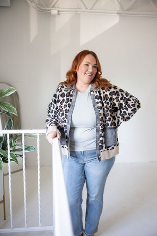 Denim Leopard Jacquard Twofer Cardigan - Love Marlow