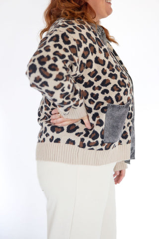 Denim Leopard Jacquard Twofer Cardigan - Love Marlow