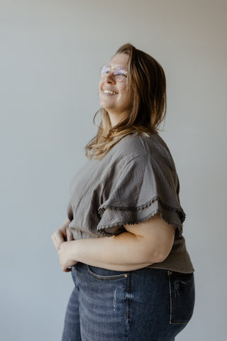 DOLMAN SLEEVE BLOUSE WITH RUFFLES AND LACE TRIM IN SANTORINI BLUE - Love Marlow
