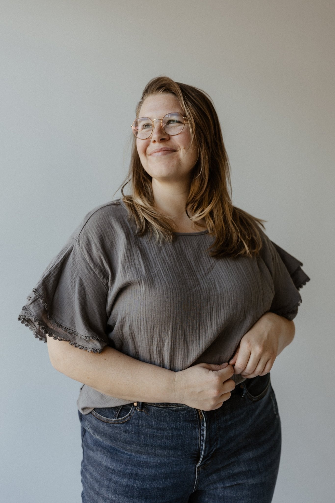 DOLMAN SLEEVE BLOUSE WITH RUFFLES AND LACE TRIM IN SANTORINI BLUE - Love Marlow