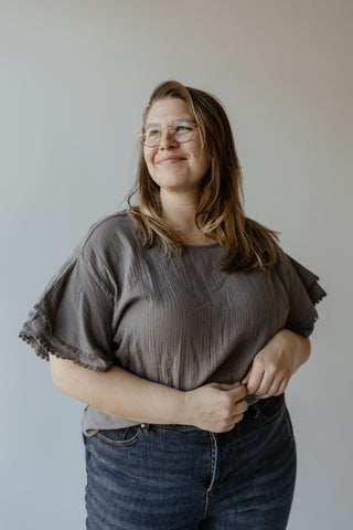 DOLMAN SLEEVE BLOUSE WITH RUFFLES AND LACE TRIM IN SANTORINI BLUE - Love Marlow