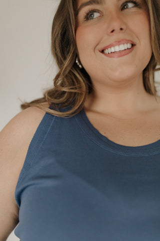 Double Hem Raw Edge Ribbed Scoop Neck Tank – Denim Blue - Love Marlow