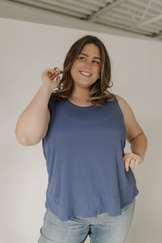 Double Hem Raw Edge Ribbed Scoop Neck Tank – Denim Blue - Love Marlow