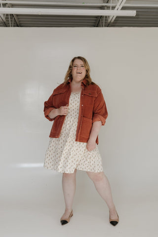 DOUBLE POCKET CORDUROY JACKET IN BRICK - Love Marlow