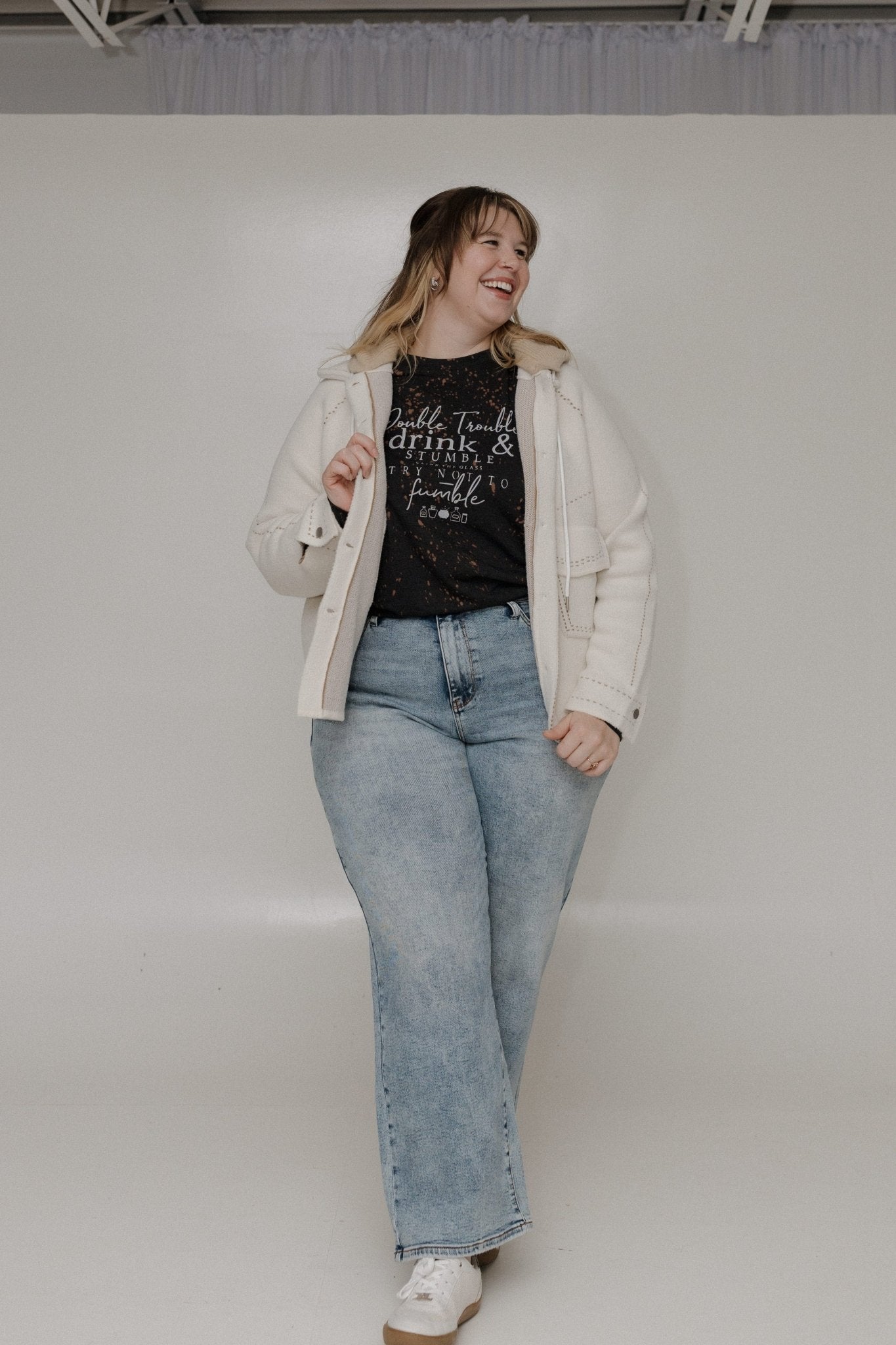 "DOUBLE TROUBLE DRINK AND STUMBLE CLINK THE GLASS TRY NOT TO STUMBLE" GRAPHIC TEE - Love Marlow