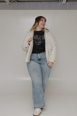 "DOUBLE TROUBLE DRINK AND STUMBLE CLINK THE GLASS TRY NOT TO STUMBLE" GRAPHIC TEE - Love Marlow