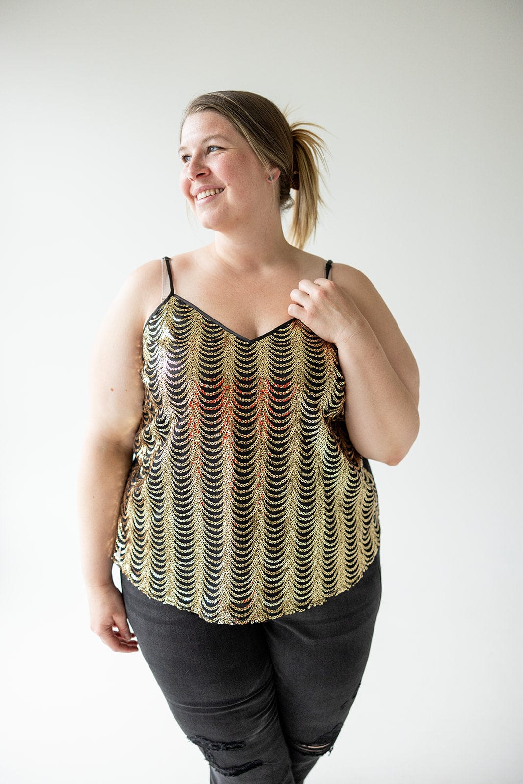 DOUBLE V - NECK SEQUIN CAMI IN GOLD - Love Marlow