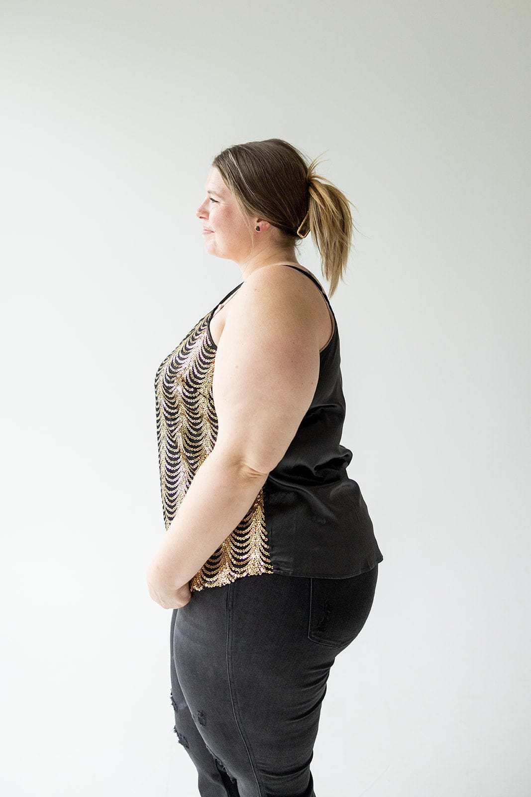 DOUBLE V - NECK SEQUIN CAMI IN GOLD - Love Marlow