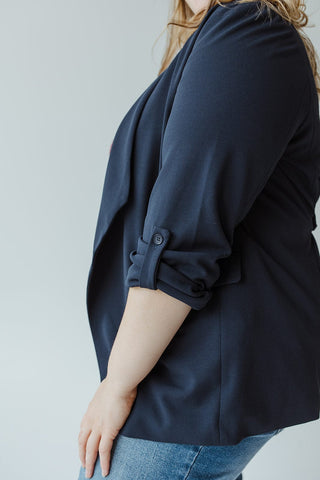 DRAPE FRONT BLAZER IN DARK NAVY - Love Marlow
