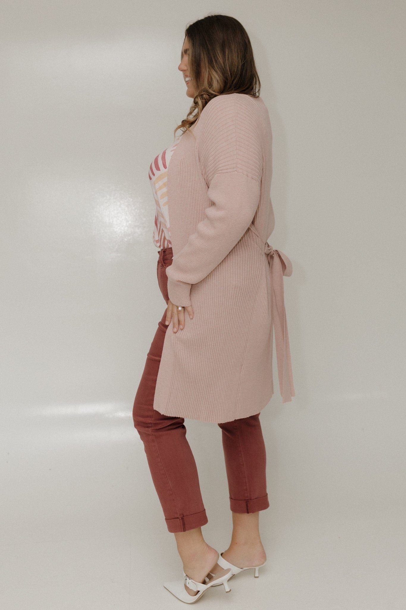 DUSTER CARDIGAN WITH VERTICAL RIBBING IN GREY ROSE - Love Marlow