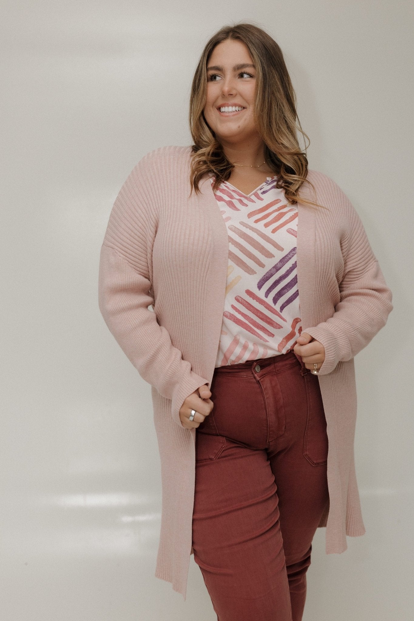 DUSTER CARDIGAN WITH VERTICAL RIBBING IN GREY ROSE - Love Marlow
