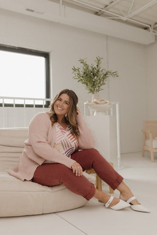 DUSTER CARDIGAN WITH VERTICAL RIBBING IN GREY ROSE - Love Marlow