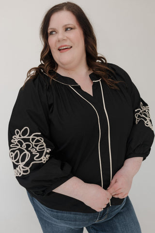 Embroidered Blouson Sleeve Blouse – Black & Cream - Love Marlow