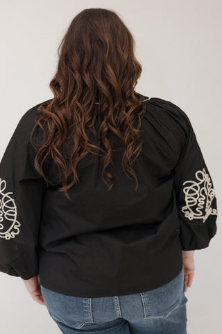 Embroidered Blouson Sleeve Blouse – Black & Cream - Love Marlow