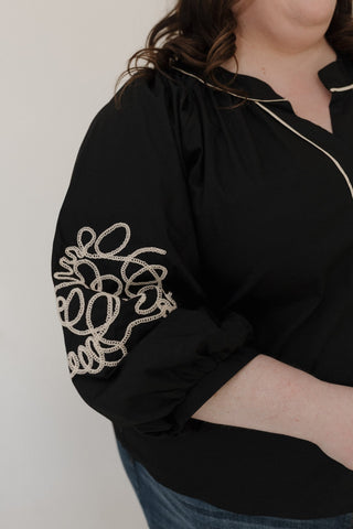 Embroidered Blouson Sleeve Blouse – Black & Cream - Love Marlow