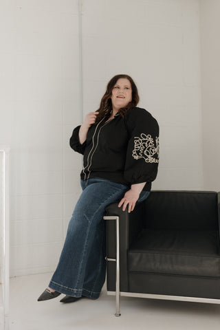 Embroidered Blouson Sleeve Blouse – Black & Cream - Love Marlow