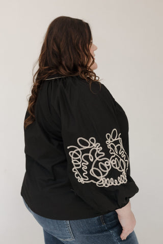Embroidered Blouson Sleeve Blouse – Black & Cream - Love Marlow
