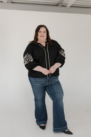 Embroidered Blouson Sleeve Blouse – Black & Cream - Love Marlow