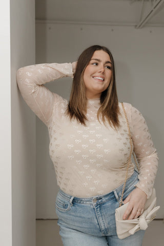 Embroidered Bow Sheer Mesh Turtleneck – Cream Elegance - Love Marlow