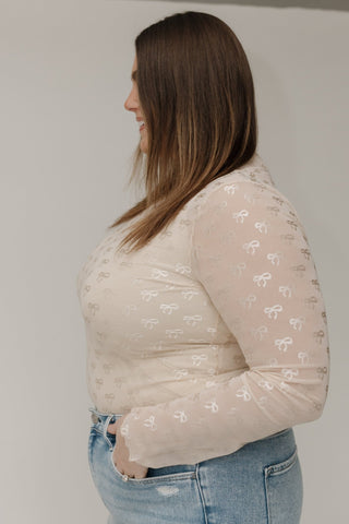 Embroidered Bow Sheer Mesh Turtleneck – Cream Elegance - Love Marlow