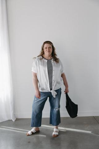 ESSENTIAL SHORT SLEEVE RIBBED CREW NECK TEE IN ECRU AND BLACK - Love Marlow