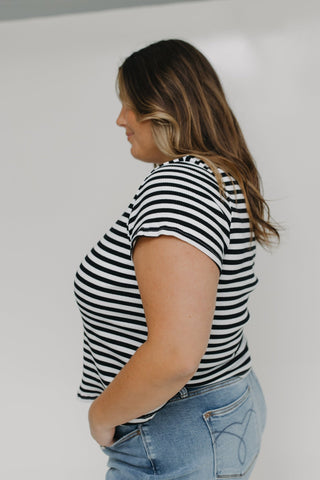 ESSENTIAL SHORT SLEEVE RIBBED CREW NECK TEE IN ECRU AND BLACK - Love Marlow