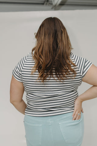 ESSENTIAL SHORT SLEEVE RIBBED CREW NECK TEE IN STRIPED CHARCOAL - Love Marlow