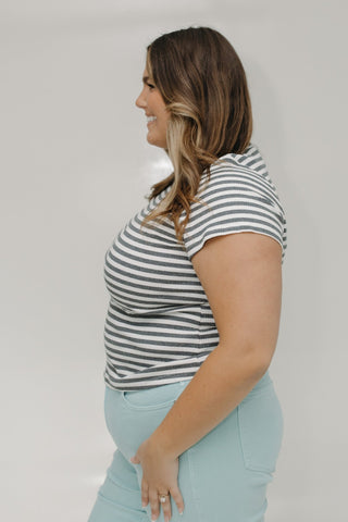 ESSENTIAL SHORT SLEEVE RIBBED CREW NECK TEE IN STRIPED CHARCOAL - Love Marlow