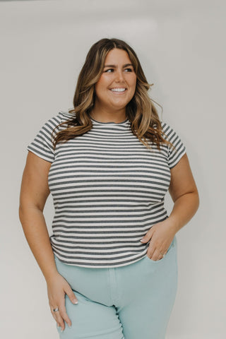 ESSENTIAL SHORT SLEEVE RIBBED CREW NECK TEE IN STRIPED CHARCOAL - Love Marlow